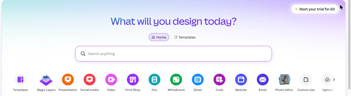 The Canva home screen showing 'What will you design today?' with design types including Presentation, Social media, Video, Doc, Whiteboard, and Website