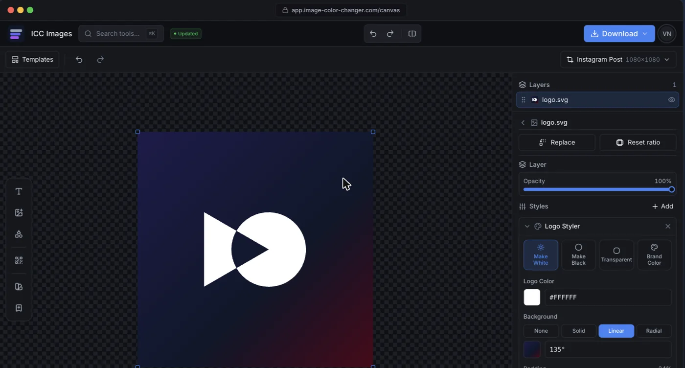 The ICC Images web editor with a logo on the canvas and the Logo Styler panel open, showing Make White, Make Black, Transparent, and Brand Color options