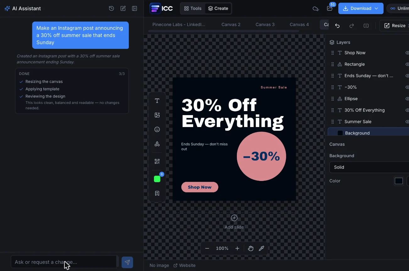 The Create editor: the AI Assistant has turned “an Instagram post announcing a 30% off summer sale” into a finished design, with every text and shape listed as an editable layer