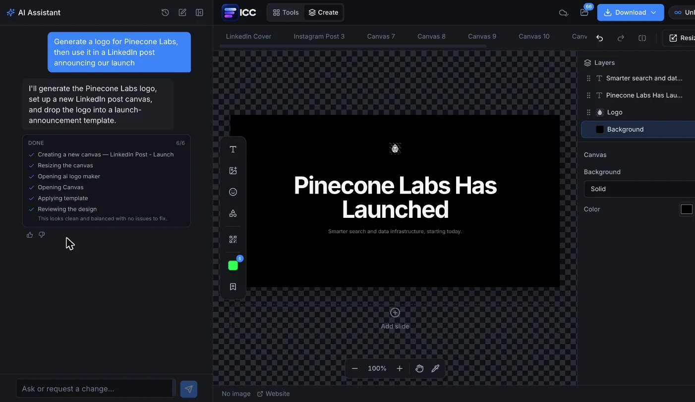 The AI Assistant generating a Pinecone Labs logo and placing it in a LinkedIn launch post, with each step ticked off