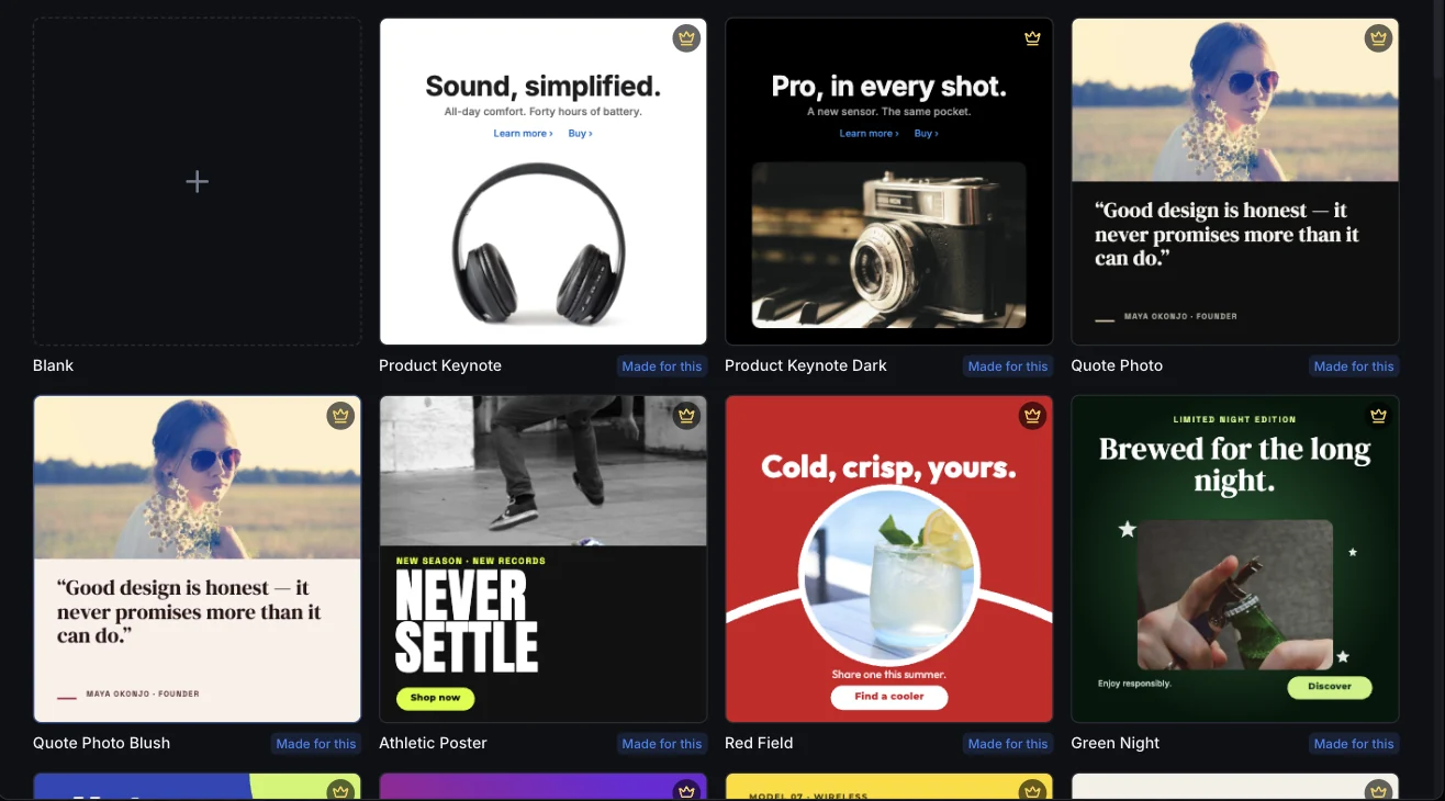 The template picker for Instagram posts, with premium designs marked by a crown