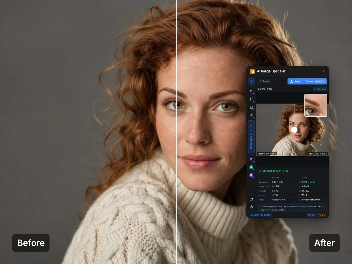 A portrait split down the middle showing detail recovered by upscaling, beside the AI Image Upscaler panel in Framer