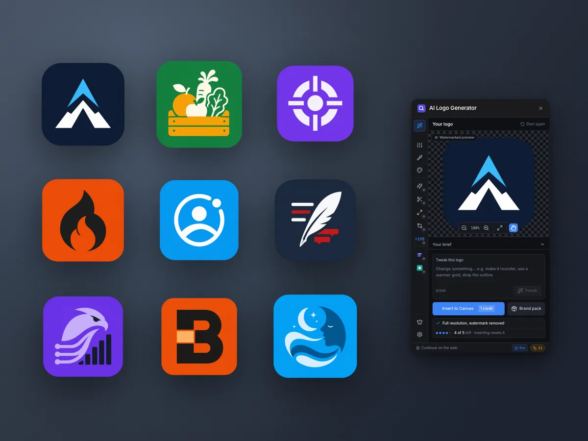 Nine logos generated from briefs beside the AI Logo Generator panel open in Framer