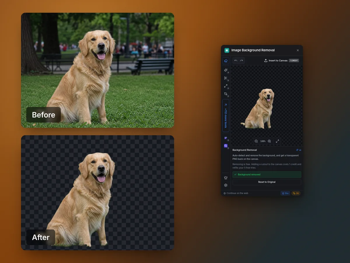 A dog photo before and after background removal beside the Image Background Removal panel in Framer