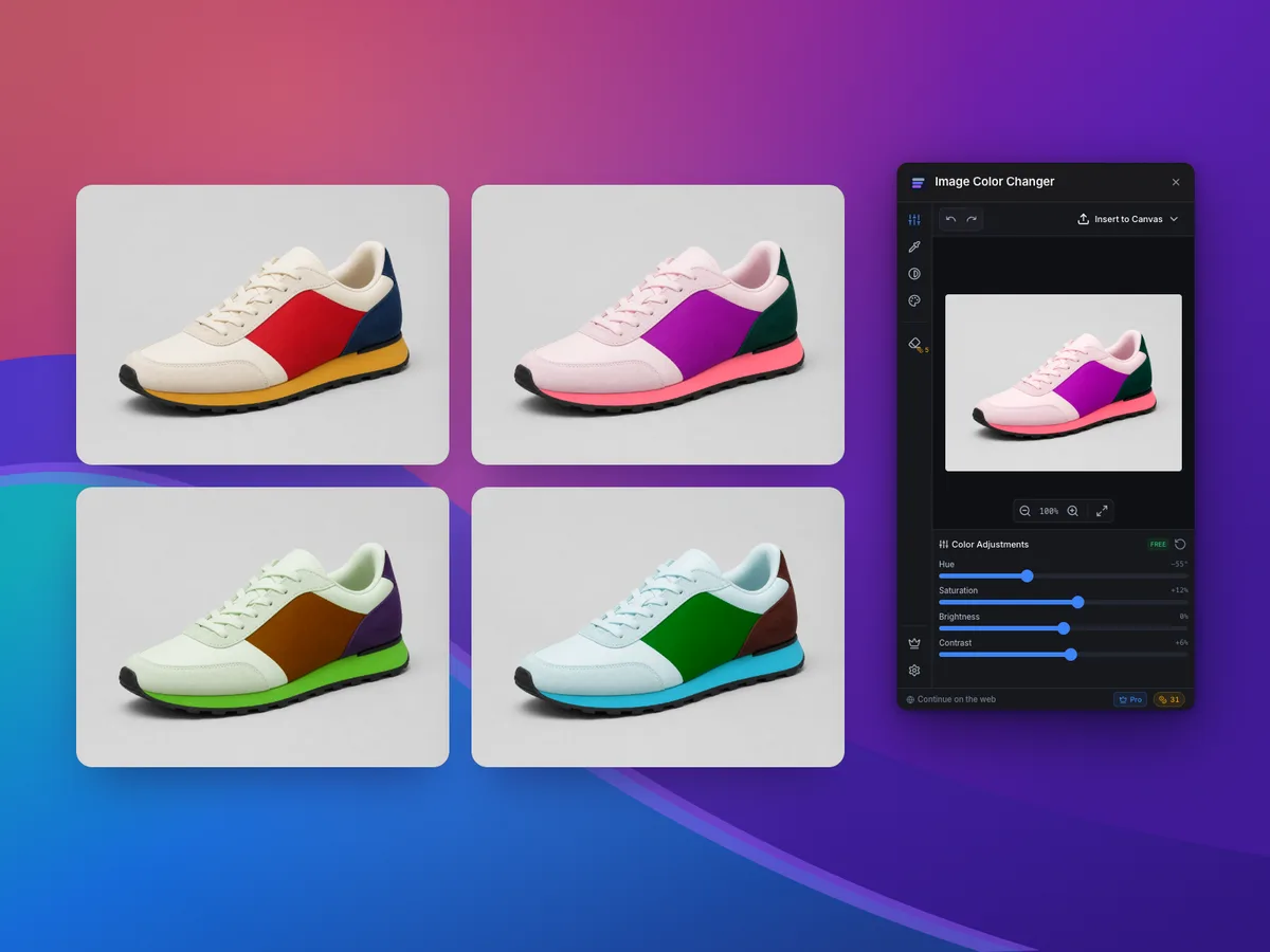 One sneaker photo recolored four ways beside the Image Color Changer panel open in Framer