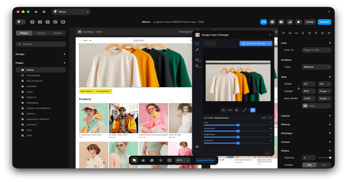 Image Color Changer plugin running inside Framer design environment
