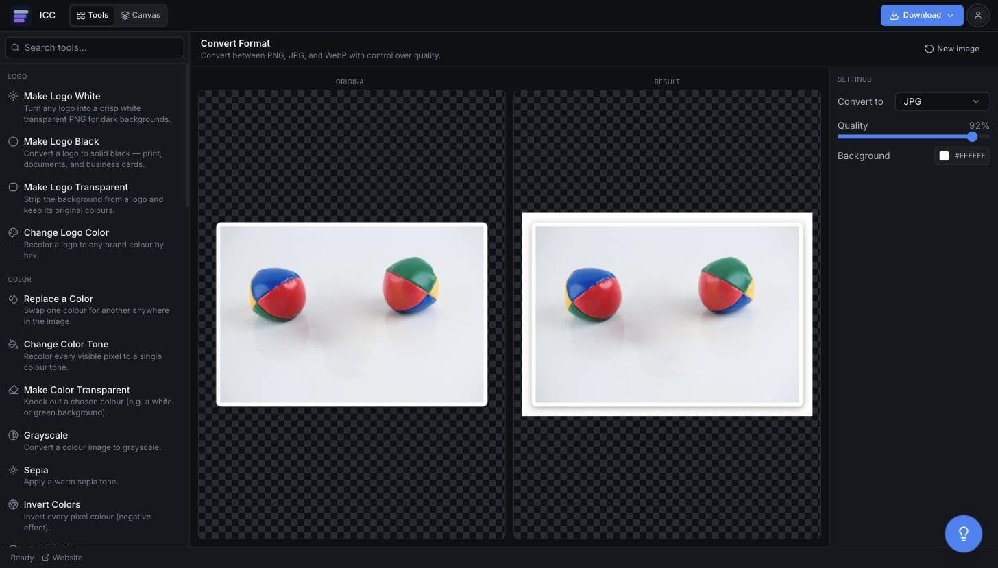 The Convert Format tool with JPG selected, showing a transparent PNG on the left and the result on the right with its transparent margin filled solid white