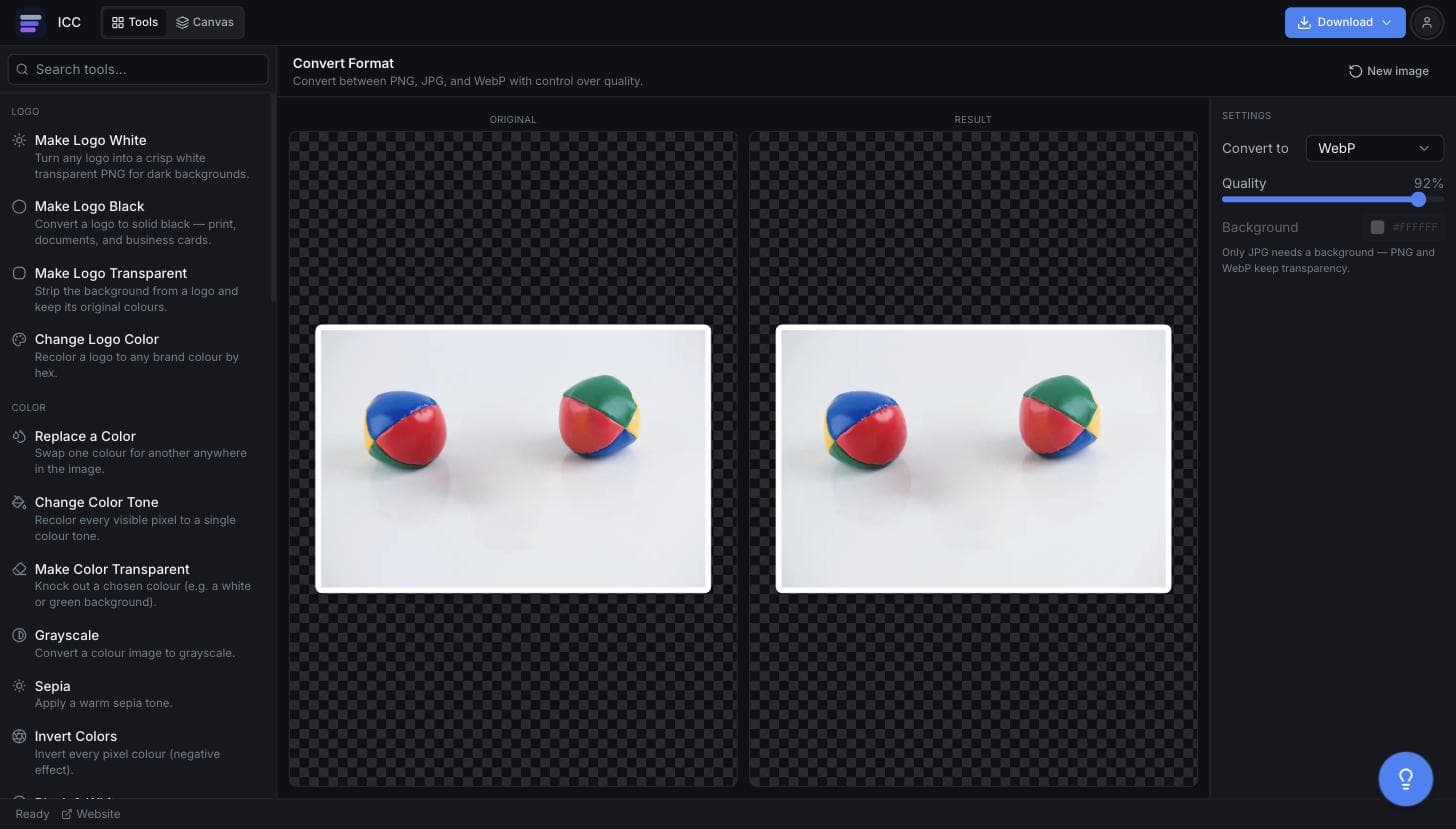 The Convert Format tool with WebP selected, the Quality slider active at 92 percent, and the transparent checkerboard still visible in the result