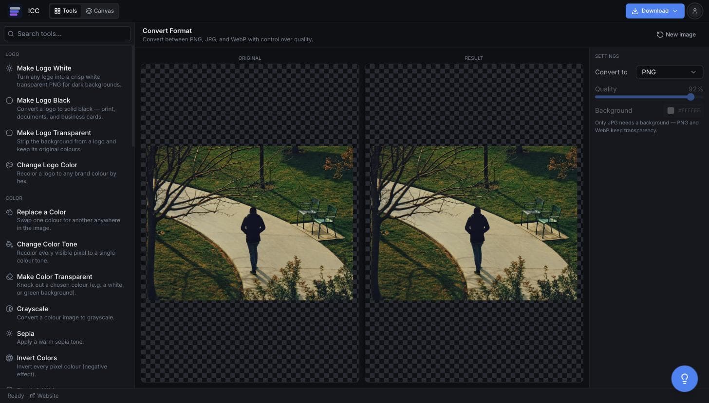 The Convert Format tool with PNG selected as the output format and the source image loaded in the original pane