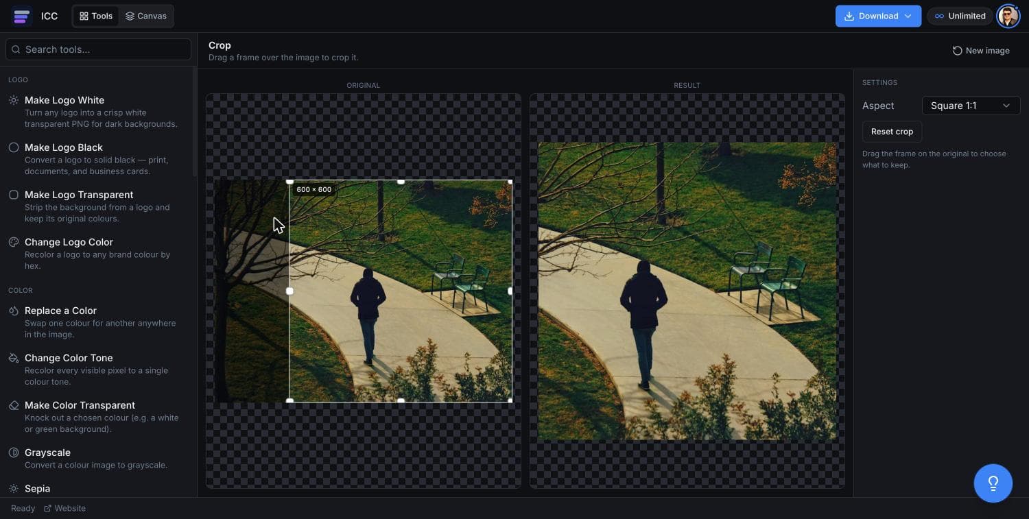 The crop tool with a draggable frame over a photo, the area outside it dimmed, a 600 by 600 size readout on the frame, and the square result beside it