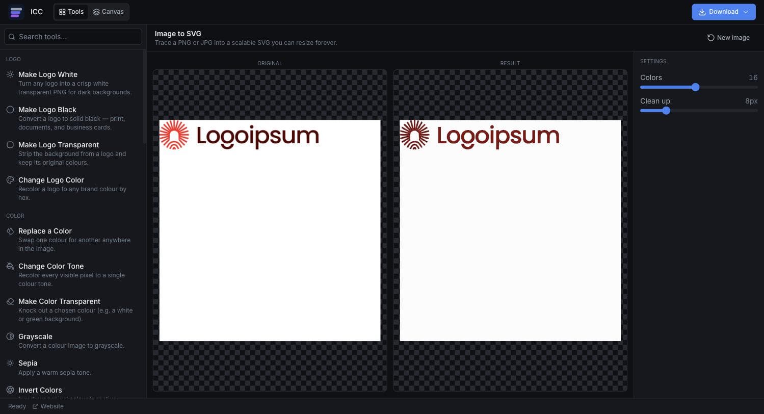 The Image to SVG tool with a raster brand logo on the left and its traced vector result on the right, beside the Colors and Clean up sliders