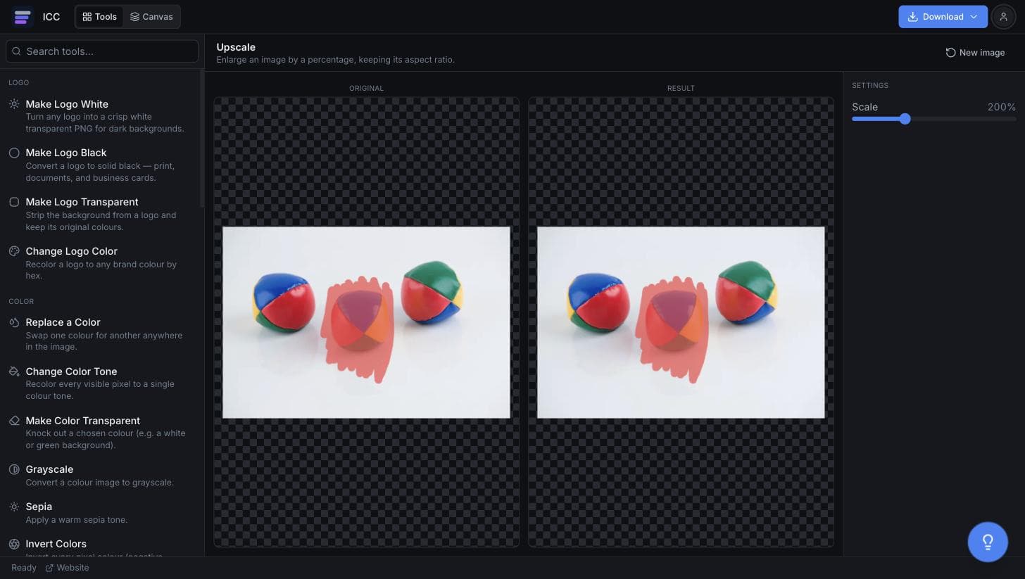 The Upscale tool with a photo loaded, the original and result panes side by side, and the Scale slider set to 200 percent