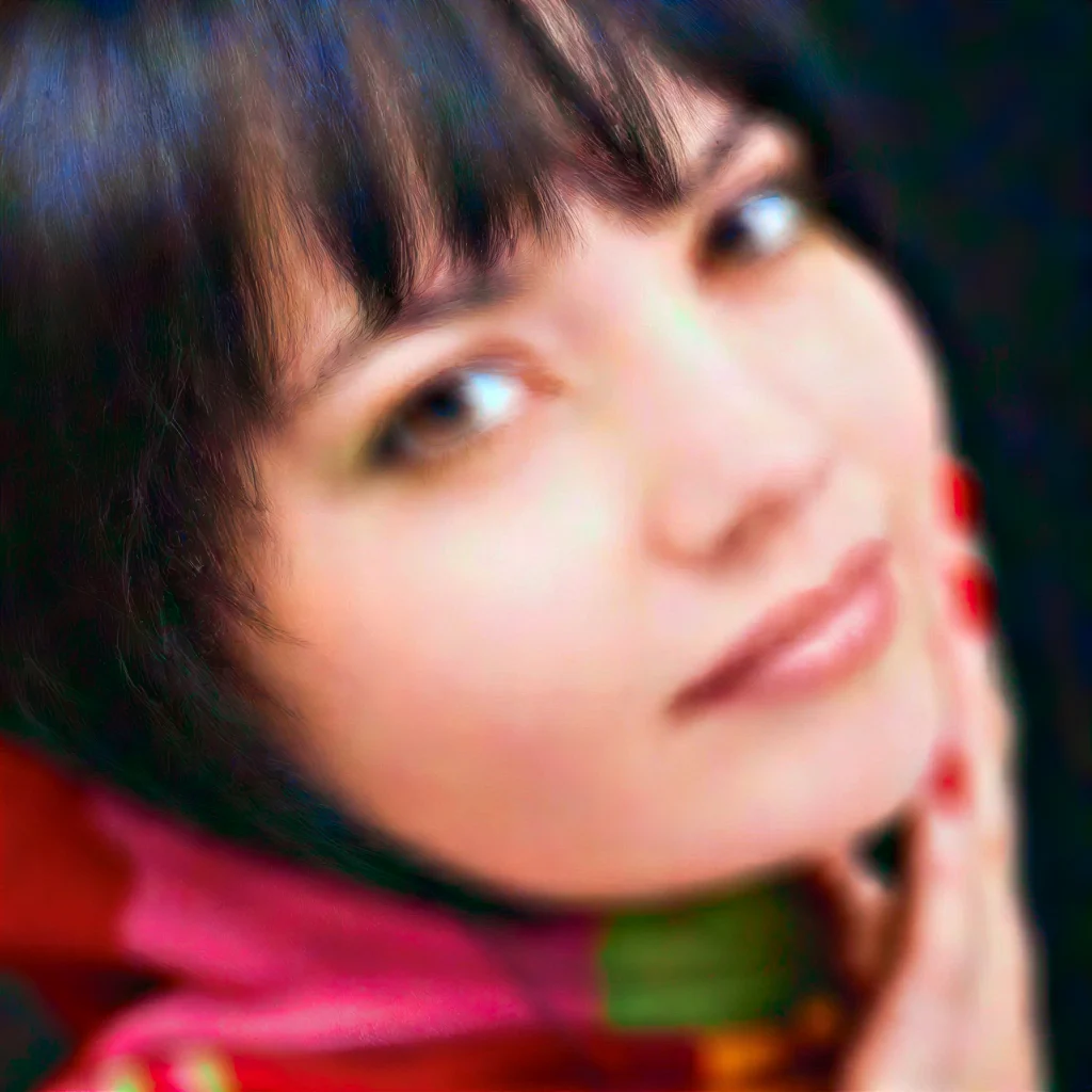 A noisy 240 by 240 pixel portrait beside the same photo upscaled to 1024 by 1024, with skin texture, eyes and hair reconstructed